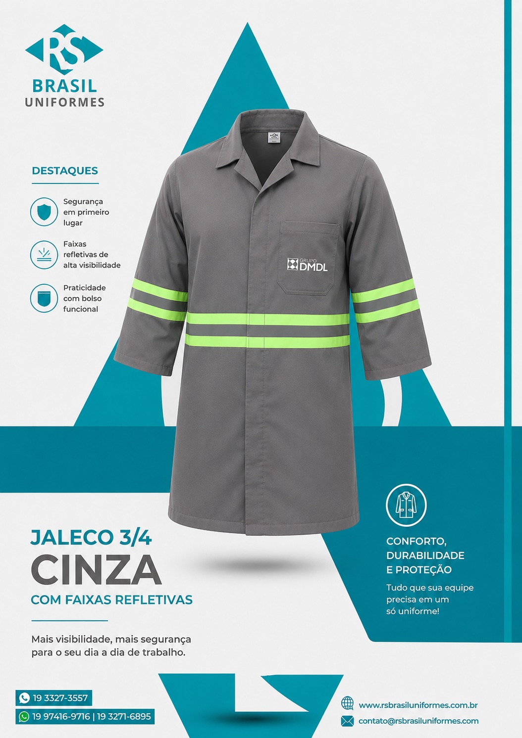 Jaleco 3/4 cinza com faixas refletivas — Grupo DMDL